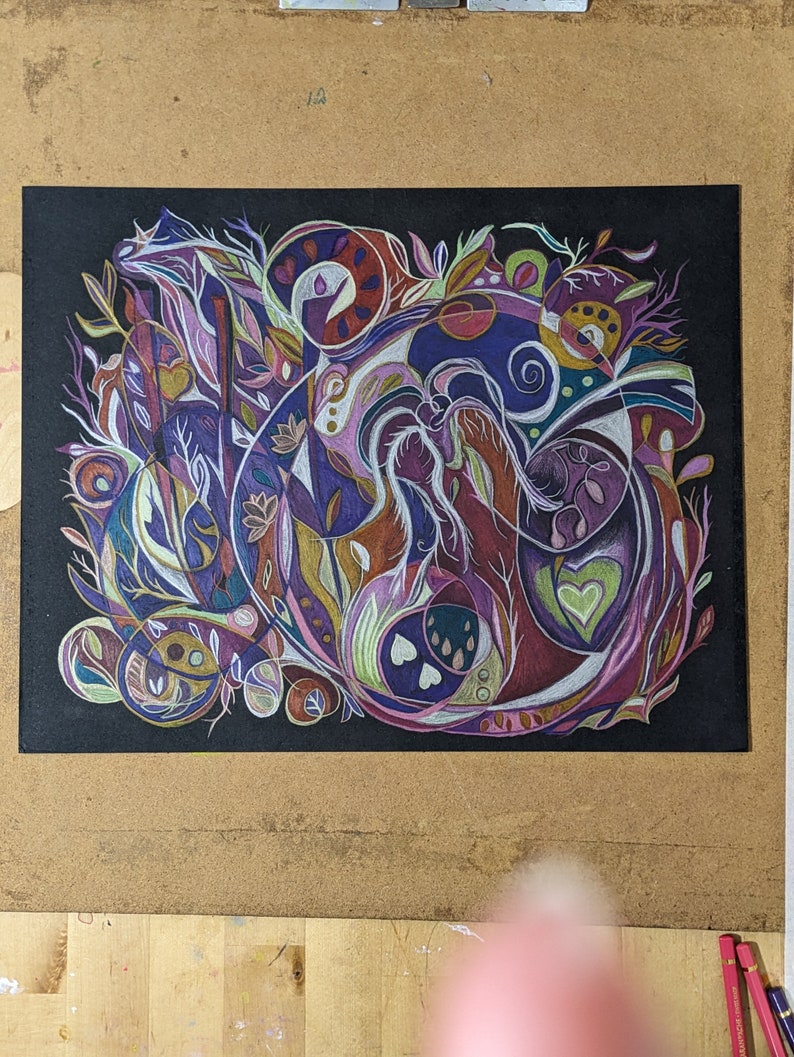 Colored Pencil Drawing on Black Paper, Modern Art. Etsy