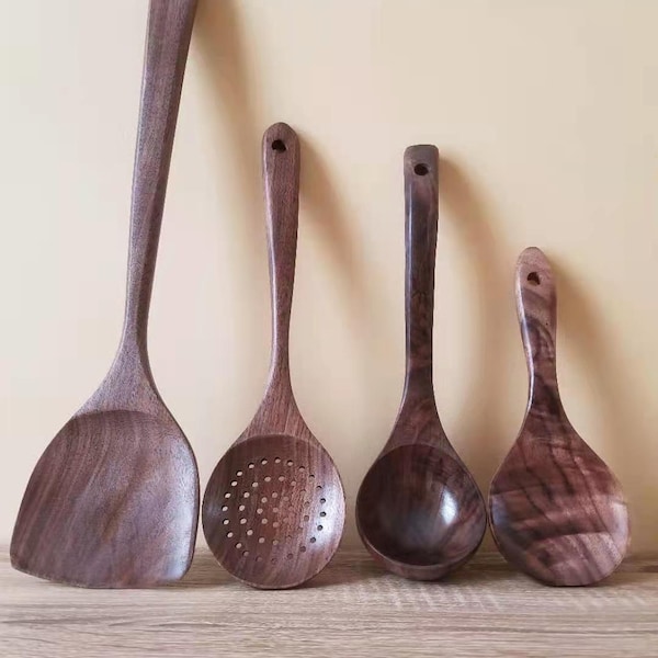 Natural Walnut Wooden cooking Utensil, Soup Ladle, Spatula, Rice spoon, Skimmer,Wooden Reusable Took Kit