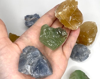 Mixed Calcite Bundle, 1-2 inch Raw Calcite Crystal Chunk Set, Three Calcite Stone Pieces, Orange, Blue, and Green Unpolished Calcite Mineral