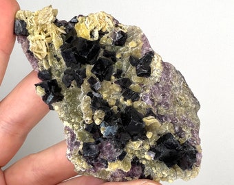 Cubic Fluorite Mineral Specimen, Natural Purple Fluorite Crystal Cluster, Raw Unpolished Druzy Cubic Fluorite on Matrix from Inner Mongolia