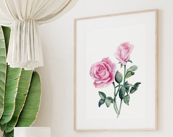 Pink Roses Wall Art Print, June Birth Month Flower, Botanical Watercolor Printable, Rose Flower Painting, Digital Download