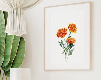 Marigold Floral Wall Art Print, October Birth Month Flower, Marigold Watercolor Printable, Flower Painting, Digital Download, Birthday Gift