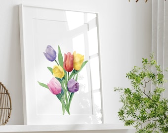 Watercolor Tulips Printable Wall Art Print, Spring Decor Easter Floral Painting, Botanical Poster, Mother's Day Gift