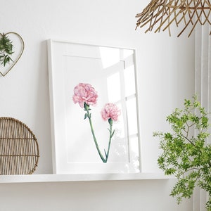 Carnation Flower Wall Art Print, January Birth Month Flower, Watercolor Printable, Flower Painting, Digital Download, Mother&#39;s Day Gift