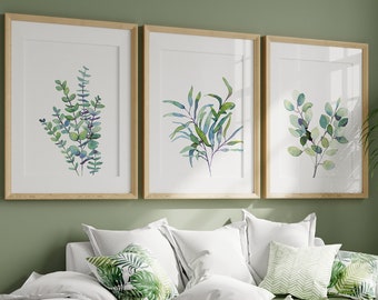 3 Piece Wall Art Botanical Print Set, Triptych Watercolor Wall Art, Trio of Eucalyptus Leaves Print, Plant Posters,  Living Room Wall Art