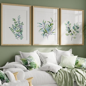 3 Piece Wall Art Botanical Print Set, Triptych Watercolor Wall Art, Trio of Eucalyptus Leaves Print, Plant Posters,  Living Room Wall Art