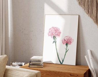 Carnation Flower Wall Art Print, January Birth Month Flower Poster, Watercolor Botanical Painting, Mother's Day Gift, Birth Flower Print