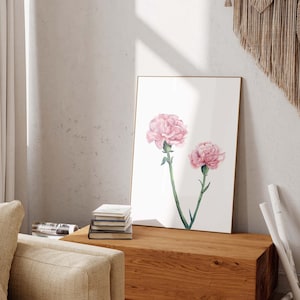 Impresión de arte de pared de flor de clavel, cartel de flor del mes de nacimiento de enero, pintura botánica de acuarela, regalo del día de la madre, impresión de flor de nacimiento