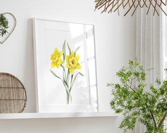 Watercolor Flower Wall Art, Daffodil Art Print, March Birth Month Flower, Daffodil Floral Painting, Birthday Gift, Birth Flower Print