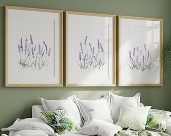 Arte de pared de 3 piezas, conjunto de impresión de lavanda, arte de pared imprimible floral de primavera de flores silvestres, descarga digital, conjunto de impresión botánica de acuarela