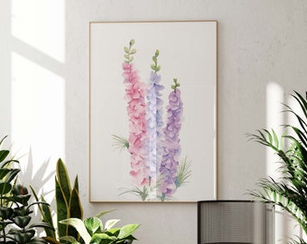 Watercolor Floral Wall Art Print, July Birth Month Flower, Larkspur Botanical Watercolor, Delphinium Flower Painting, July Birthday