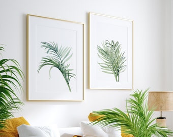 Tropical Leaves Wall Art Set of 2 Prints, Areca Palm Printable Art, Digital Download Art, Sage Green Decor, 2 Piece Wall Art  Livingroom Art