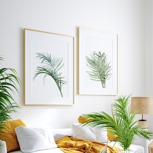 Tropische Blätter Wandkunst Set 2 Drucke, Areca Palme druckbare Kunst, digitaler Download Kunst, Salbeigrün Dekor, 2 Stück Wandkunst Wohnzimmer Kunst