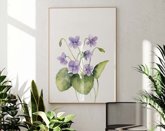 Violets Wall Art Print, February Birth Month Flower, Watercolor Floral Painting, Mother's Day Gift, Spring Floral Decor