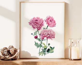 Chrysanthemum Floral Wall Art Print, November Birth Month Flower, Mums Watercolor Printable, Digital Download Painting, Birthday Gift