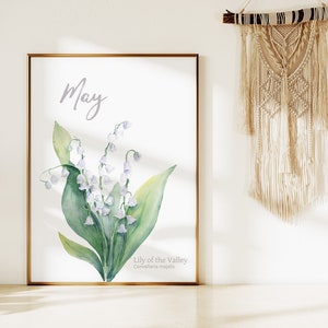 May Birth Month Flower Art Print, Lily of the Valley Floral Painting, Botanical Watercolor Printable, Lily Flower Painting, Digital Download