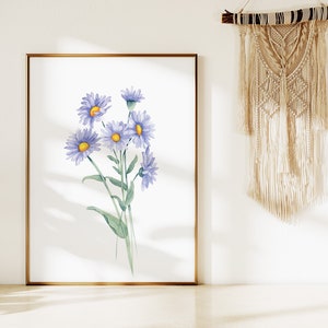 Aster Floral Wall Art Print, Flor del mes de nacimiento de septiembre, Aster acuarela imprimible, pintura de descarga digital, regalo de cumpleaños para ella