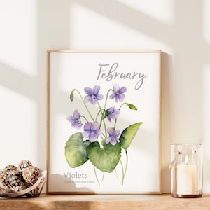 February Birth Month Flower Art Print, Violet Flower Wall Art, Watercolor Printable, Customized Digital Download, Birth Flower Poster