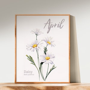April Birth Flower Wall Art, Watercolor Daisies Art Print, Botanical Decor, Daisy Flower Printable Painting, Digital Download, Mother's Day