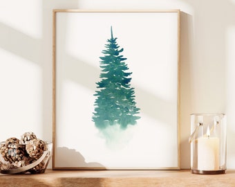 Holiday Printable Wall Art, Christmas Tree Print, Snowy Winter Forest Landscape Painting, Watercolor Christmas Decor