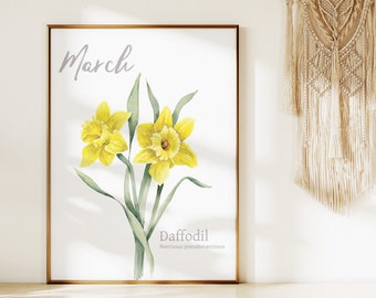 Impressão artística de narcisos, março de flores do mês de nascimento, impressão em aquarela, pintura floral de primavera, download digital, presente de dia das mães
