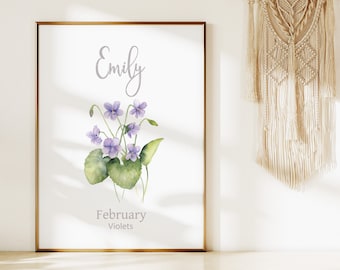 Personalized Birth Flower Printable Wall Art, Digital Download, Custom Gift for Mom, Nursery Floral Wall Decor, Birth Month Flower Print