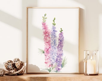 Larkspur Wall Art Print, July Birth Month Flower, Botanical Watercolor Printable, Delphinium Flower Painting, Digital Download July Birthday