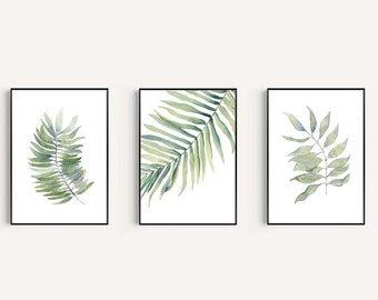 3 Piece Wall Art, Areca Palm Leaves, Eucalyptus Prints, Watercolor Leaf Painting, Fern Print, Botanical Poster Set, Digital Download Art