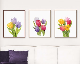 3 Piece Wall Art Set of Tulip Bouquets, Spring Printable, Easter Floral Print Set, Watercolor Botanical Poster, Mother's Day Gift