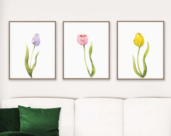 3 Piece Wall Art Print Set, Watercolor Floral Printable, Easter Spring Tulip Decor,  Pastel Art Prints, Gift for Mum for Mother's Day