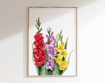 Gladioli Floral Wall Art Print, August Birth Month Flower, Gladiolus Watercolor Printable, Flower Painting, Digital Download, Mother's Day