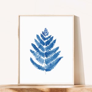 Navy Blue Fern Leaf Print, Printable Wall Art, Botanical Watercolor Leaf Painting, Instant Download, Livingroom Art