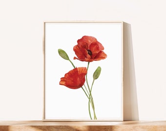 Mohnblumen Kunstdruck, Blumen Aquarell Wandkunst, druckbare Kunst, digitaler Download, Frühlingsblumen Mohn Malerei, skandinavisches Dekor