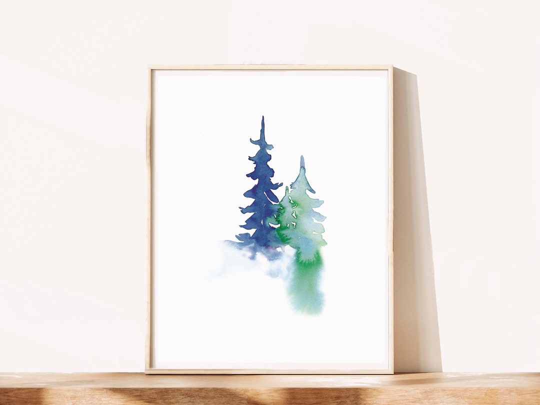 Pine Tree Wall Art Printable, Watercolor Pine Trees Print, Digital Download Art, Livingroom Art