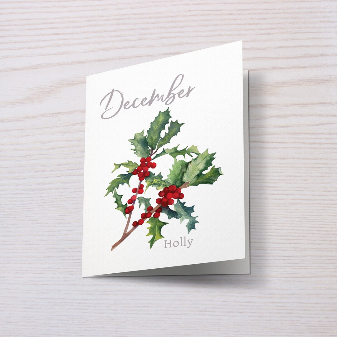 December Birthday Card, Holly Birth Month Flower Greeting Card, Holly ...