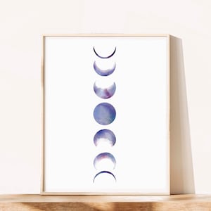Watercolor Moon Phases Print, Moon Poster, Trendy Wall Art, Minimalist Moon Phases Wall Art, Boho Moon Print, Crescent Moon Decor