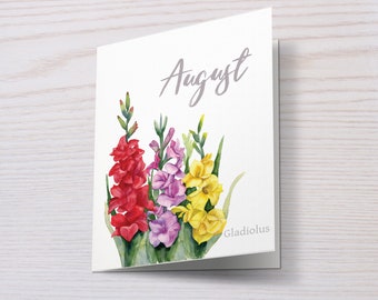 August Birthday Card, Birth Month Flower Greeting Card, Gladiolus Flower Card, Watercolor Printable Birthday Card, Gladioli Digital Download
