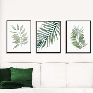 3 Piece Wall Art, Tropical Leaf Prints, Watercolor Botanical Print Set, Coastal Art, Above Bed Sage Green Wall Art, Tropical Wall Art Poster