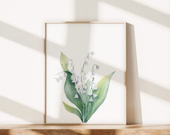 Lily of the Valley Wall Art Print, May Birth Month Flower, Botanical Watercolor Printable, Lily Flower Painting, Digital Download