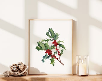Holly Berries Wall Art Print, December Birth Month Flower, Holly Leaves Watercolor Painting, Christmas Birthday Gift, Holiday Decor