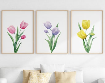 3 Piece Wall Art Set of Tulips, Spring Decor Printable, Easter Floral Print Set, Pastel Tulips Watercolor Botanical Poster, Mother's Day