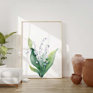 Lily of the Valley Watercolor Wall Art Print, May Birth Flower, Botanical Watercolor Printable, Lily Flower Painting, Floral Painting