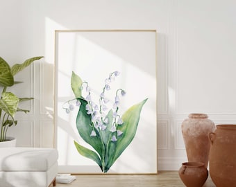 Lily of the Valley Watercolor Wall Art Print, May Birth Flower, Botanical Watercolor Printable, Lily Flower Painting, Floral Painting