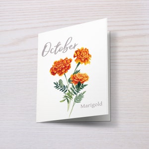 October Birthday Card, Marigold Birth Month Flower Greeting Card, Marigold Floral Card, Watercolor Printable Birthday Card, Digital Download