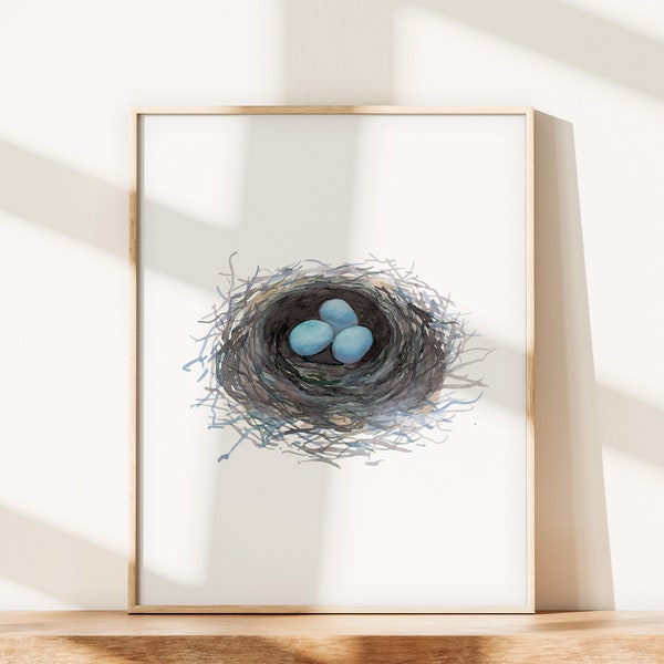 Watercolor Birds Nest with Eggs Printable Art,  Nursery Wall Art, Mother's Day Gift, Nature Print, Robins Eggs Picture, Above Bed Decor