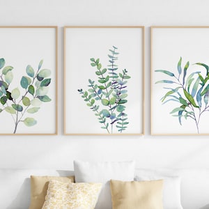 3 Piece Wall Art Set Eucalyptus Wall Art Prints, Tropical Leaves Watercolor Printable, Digital Download, Sage Green Decor, Botanical Prints