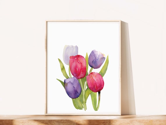Watercolor Tulip Bouquet Art Print, Spring Printable Wall Art, Easter Floral Painting, Minimalist Botanical Poster, Mother's Day Gift