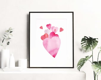 Hearts Printable Wall Art, Valentines Day Decor, Watercolor Print, Digital Download, Instant Download