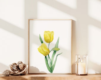 Yellow Tulips Art Print, Spring Decor Easter Floral, Watercolor Botanical Poster, Mother's Day Gift, Spring Flowers, Digital Download