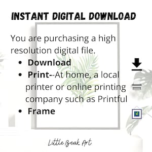 以下が含まれることがあります： 「INSTANT DIGITAL DOWNLOAD」のテキストが入った白いフレームプリント。高解像度のデジタルファイルの購入について説明しており、ダウンロード、印刷、フレームに入れるオプションがあります。フレームの下部には「Little Beak Art」の文字があります。